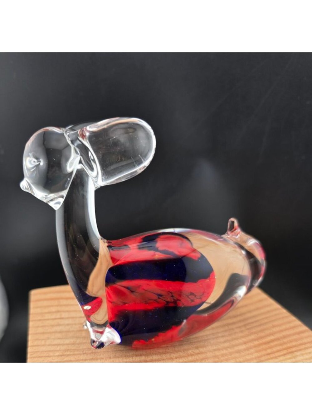 Handcrafted Glass Animal Figurine With Red & Blue Swirl Design 5" Long